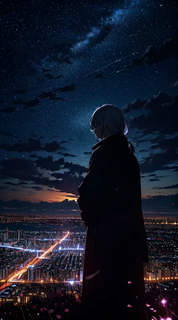１people々々々々々々々,Long grey hair，long coat，silhouette， Rear view，space sky, milky way, anime style, cherry blossoms，夜cherry blossoms，辺り一面に舞うcherry blossoms吹雪，Night view of the city from the mountainside，
