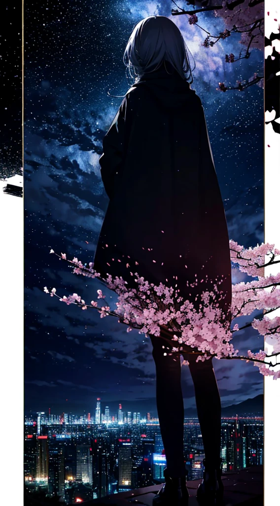 １people々々々々々々々,Long grey hair，long coat，silhouette， Rear view，space sky, milky way, anime style, cherry blossoms，夜cherry blossoms，辺り一面に舞うcherry blossoms吹雪，Night view of the city from the mountainside，