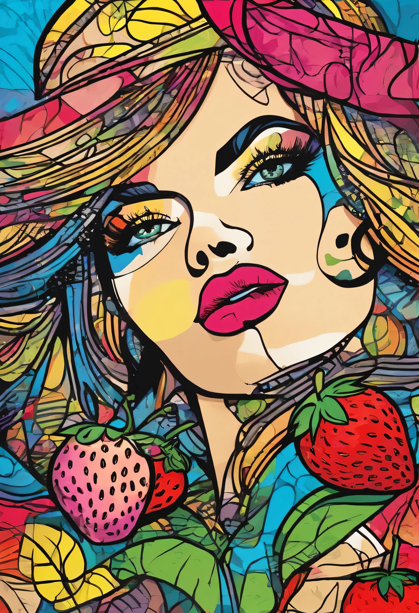 Portrait of a beautiful girl eating strawberry、ROMERO BRITTO STYLE、ROMERO BRITTO'S BRUSH STROKE、Thick black outline、pop art、masterpiece、realistic、