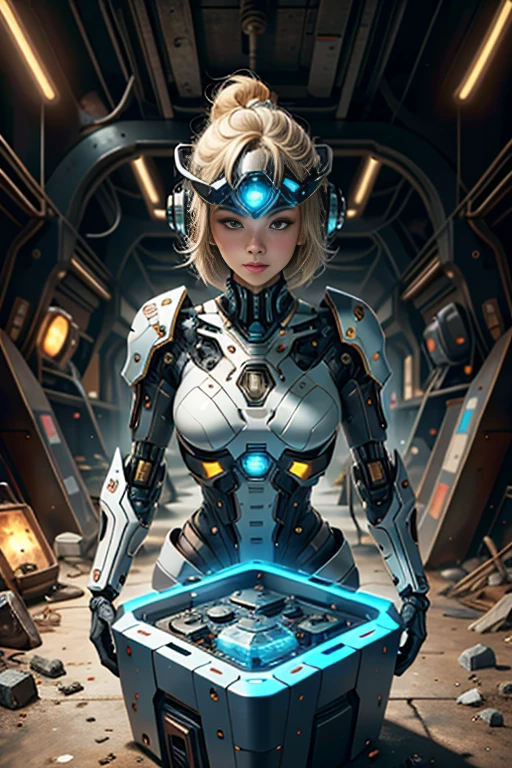(best quality,4k,8k,highres,masterpiece:1.37), ultra-detailed, (realistic,photorealistic,photo-realistic:1.37), (aerial view), (top down perspective), 1woman, (the focal point is a woman pulling a video game cartridge out of a futuristic artifact box full of retro video game cartridges:1.6), (the woman is looking at the box:1.4), (Futuristic artifact box), (the artifact box is open), (The scene unfolds inside a mystical cavern:1.4), joints, mecha, (The woman is wearing a mecha exoskeleton made with blue glass details, covering her entire body:1.5), (She has a blue glass helmet visor protecting her eyes:1.4), (dynamic angle:1.37), reelmech, mechanical parts, fractal_body, (The woman's hair is made of fractal technologic components:1.4), (She has short blonde hair:1.37), (fantasy and sci-fi mixed:1.37), holographic glitch effects floats around the woman, vibrant colors, (A blue glow emanates from inside the treasure chest), glowing lights, (abandoned machinery), (there are video game cartridges and consoles on the background), mystical creatures, (there are crystal formations spreading on the background), (futuristic technology), (ancient artifacts), mystical energy, vibrant retro aesthetic, atmospheric lighting, ancient ruins, mysterious symbols, lush vegetation, interdimensional portals, nostalgic atmosphere, epic adventure, delightful surprises