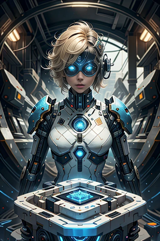 (best quality,4k,8k,highres,masterpiece:1.37), ultra-detailed, (realistic,photorealistic,photo-realistic:1.37), (aerial view), (top down perspective), 1woman, (the focal point is a woman pulling a video game cartridge out of a futuristic artifact box full of retro video game cartridges:1.6), (the woman is looking at the box:1.4), (Futuristic artifact box), (the artifact box is open), (The scene unfolds inside a mystical cavern:1.4), joints, mecha, (The woman is wearing a mecha exoskeleton made with blue glass details, covering her entire body:1.5), (She has a blue glass helmet visor protecting her eyes:1.4), (dynamic angle:1.37), reelmech, mechanical parts, fractal_body, (The woman's hair is made of fractal technologic components:1.4), (She has short blonde hair:1.37), (fantasy and sci-fi mixed:1.37), holographic glitch effects floats around the woman, vibrant colors, (A blue glow emanates from inside the treasure chest), glowing lights, (abandoned machinery), (there are video game cartridges and consoles on the background), mystical creatures, (there are crystal formations spreading on the background), (futuristic technology), (ancient artifacts), mystical energy, vibrant retro aesthetic, atmospheric lighting, ancient ruins, mysterious symbols, lush vegetation, interdimensional portals, nostalgic atmosphere, epic adventure, delightful surprises