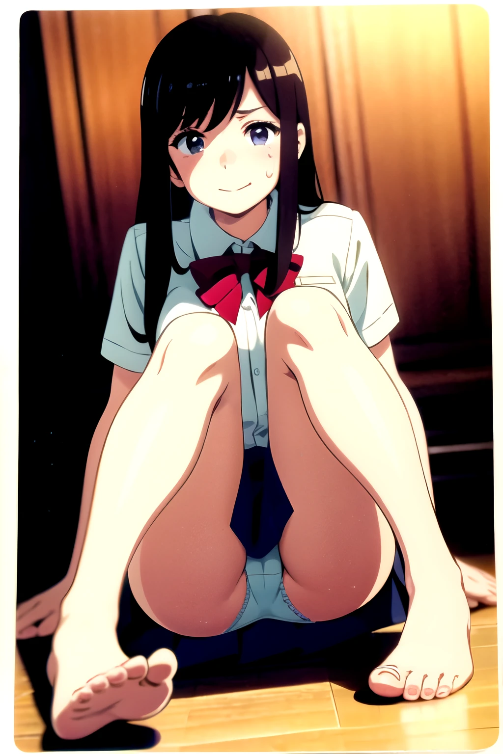 ((highest quality)), ((masterpiece)), (be familiar with), perfect face,beautiful woman,cute,high school girl,uniform,mini skirt,medium breasts,beautiful feet,beautiful legs,sweaty,A lot of sweat is dripping down her beautiful legs,tears of joy,shy,Normal position,panties,POV,have empty eyes,red cheeks,cowboy shot,looking at me,smiling,eyes are heart,