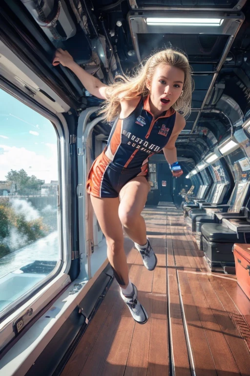 top-quality,Top image quality,in 8K,4K,masterpiece,ultra-detailliert,Beautiful,ultra-quality, best quality,high resolution, ultra-detailed,game cg,dutch angle,(acrobatic pose):5,jumping:5,(inside spacestation,)beautiful detailed eyes,five fingers,headphone,nsfw,a beauty girl,(astrovest):5,(track uniforms),wet,(steam:1.5),Running form,open open mouth,(blonde hair),(long hair):2,Navel,space_station_interior, exercise_room, futuristic, high_technology, zero_gravity_exercise_equipment, high_resolution_landscape, sleek_design, minimalistic, 8K_resolution, game_cg_style, Dutch_angle, detailed_character, track_uniform, perfect_running_form, intense_expression, detailed_eyes, determination, steam:1.5, beauty, strength, five_fingers, visible_navel, open_mouth, ultra_quality, high_resolution, ultra_detailed,astrovest