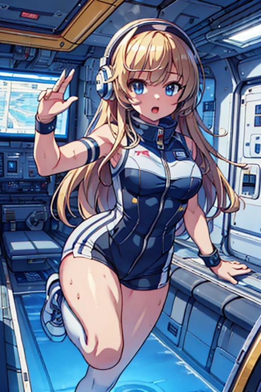 top-quality,Top image quality,in 8K,4K,masterpiece,ultra-detailliert,Beautiful,ultra-quality, best quality,high resolution, ultra-detailed,game cg,dutch angle,(acrobatic pose):5,jumping:5,(inside spacestation,)beautiful detailed eyes,five fingers,headphone,nsfw,a beauty girl,(astrovest):5,(track uniforms),wet,(steam:1.5),Running form,open open mouth,(blonde hair),(long hair):2,Navel,space_station_interior, exercise_room, futuristic, high_technology, zero_gravity_exercise_equipment, high_resolution_landscape, sleek_design, minimalistic, 8K_resolution, game_cg_style, Dutch_angle, detailed_character, track_uniform, perfect_running_form, intense_expression, detailed_eyes, determination, steam:1.5, beauty, strength, five_fingers, visible_navel, open_mouth, ultra_quality, high_resolution, ultra_detailed,astrovest