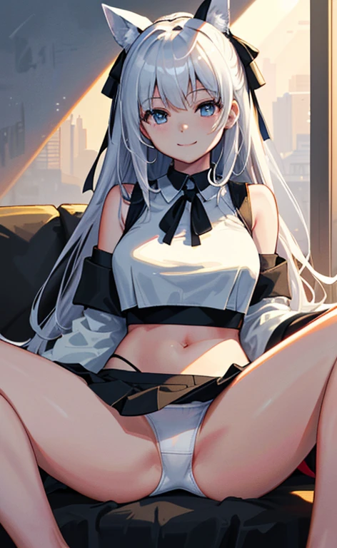 ((masterpiece、top-quality:1.5、a high chroma:1.5、ultra-detailliert、high-resolution illustrations:1.5、Ultra-high-definition CG、8k size wallpaper、offcial art))、(cowboy shot)、(1girl),(light smile
:1.5)、(clear face:1.3),(sit、spread legs:1.3),
,(sexy body),(One only wears black),(neck holder crop top,micro skirt,white panties),(long hair), (large breasts)、
(hair ribbon)、
