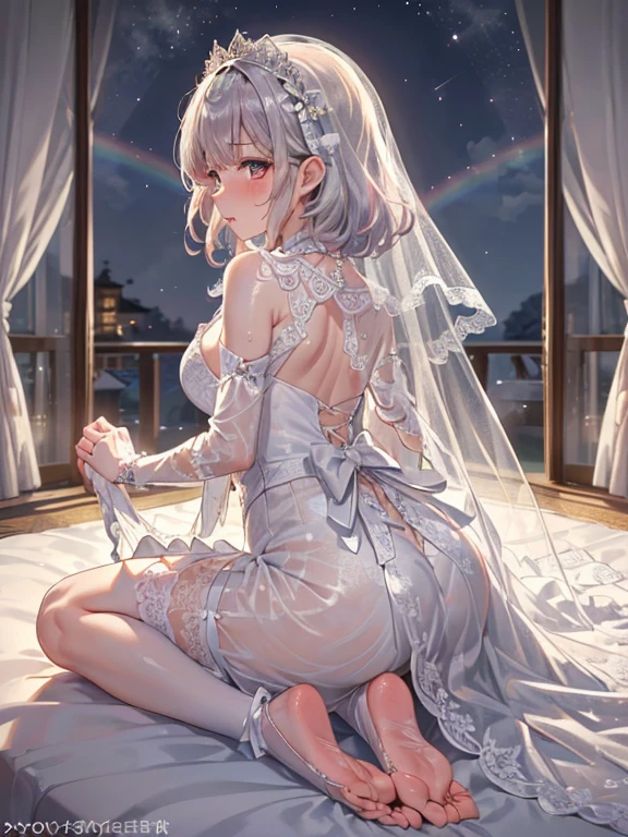 ultra-detailed、(8k, RAW photo, best quality, masterpiece:1.2), (extremely detailed 8k wallpaper),professional lighting,sharp focus, depth of field、nfws,((shot from front)),((((美しいflower嫁の後ろ姿)))),((fluffy short bob、rainbow colored curl hair、curly hair))、((complete wedding dress,lace veil、lace shawl、tiara、necklace))、((((blowjob back view)))),((Sweat)),(blush),((very embarrassed)),((Steam from the mouth)),flower、(luxury bed)、((night))、(Correct number of upper limbs、Correct number of lower limbs、Correct number of fingers、Correct number of toes)