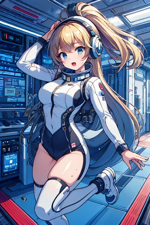 top-quality,Top image quality,in 8K,4K,​masterpiece,ultra-detailliert,Beautiful,ultra-quality, best quality,high resolution, ultra-detailed,game cg,dutch angle,(acrobatic pose):5,jumping:5,(inside spacestation,)beautiful detailed eyes,five fingers,headphone,nsfw,a beauty girl,(astrovest):5,(track uniforms),wet,(steam:1.5),Running form,open open mouth,(blonde hair),(long hair):2,Navel,space_station_interior, exercise_room, futuristic, high_technology, zero_gravity_exercise_equipment, high_resolution_landscape, sleek_design, minimalistic, 8K_resolution, game_cg_style, Dutch_angle, detailed_character, track_uniform, perfect_running_form, intense_expression, detailed_eyes, determination, steam:1.5, beauty, strength, five_fingers, visible_navel, open_mouth, ultra_quality, high_resolution, ultra_detailed,astrovest