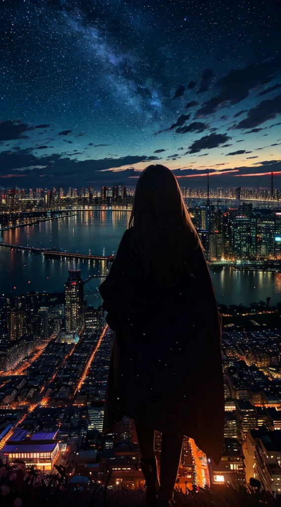 1people々々々々々々々,blonde long hair,long coat,silhouette, Rear view,space sky, milky way, anime style, cherry blossoms,夜cherry blossoms,辺り一面に舞うcherry blossoms吹雪,Night view of the city from the mountainside,