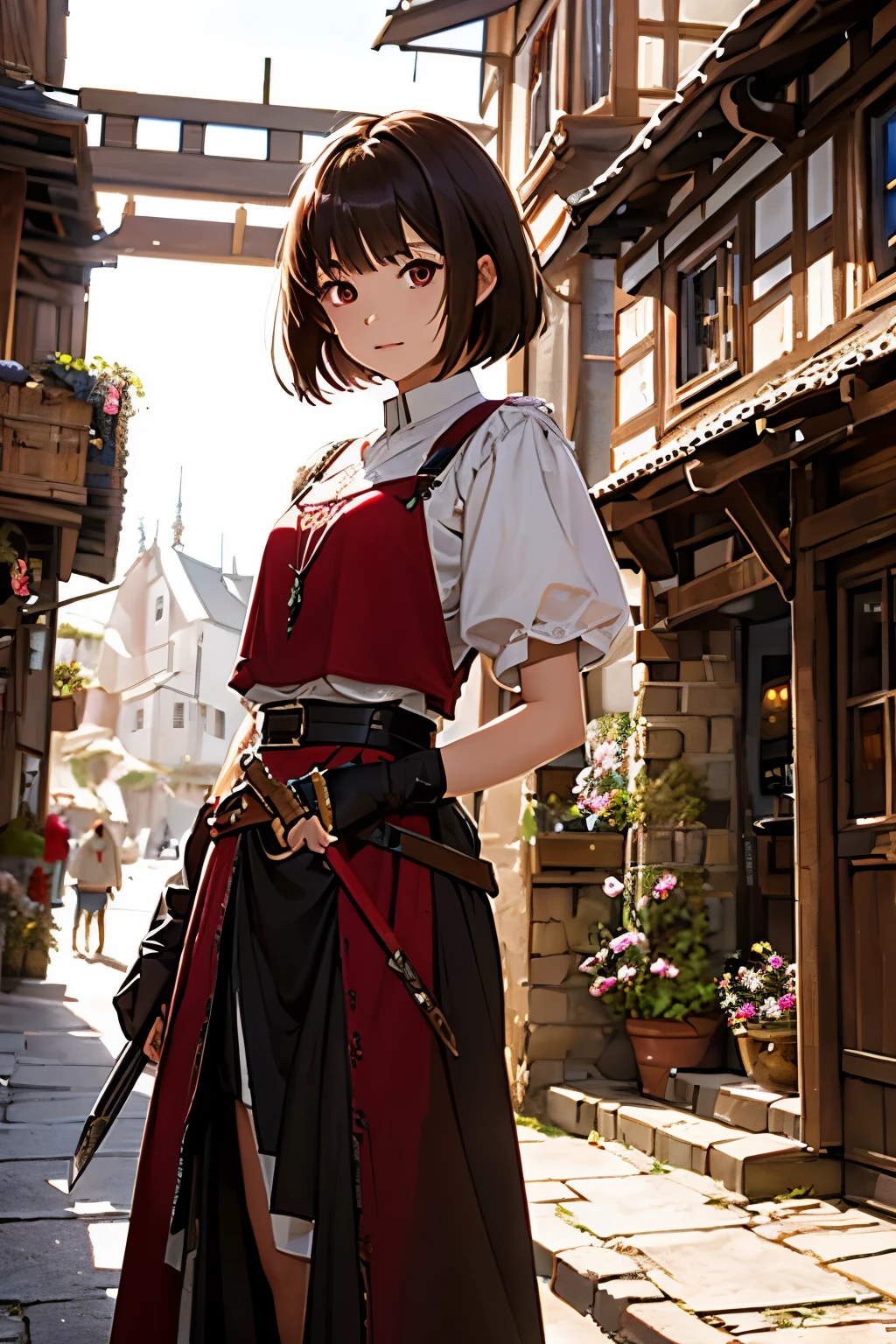 8K High Resolution、(((masterpiece)))、Anime Art、20 year old beauty、Fearless smile、Redhead short cut、167㎝、Small breasts、Blue Eyes、Imposing eyebrows、(((crimson military uniform)))、Vienna in the late 19th century、Austrian Army Officer、Silver rose ornament on chest、Beige knee-length skirt、Black boots、A Japanese sword hangs from his waist,