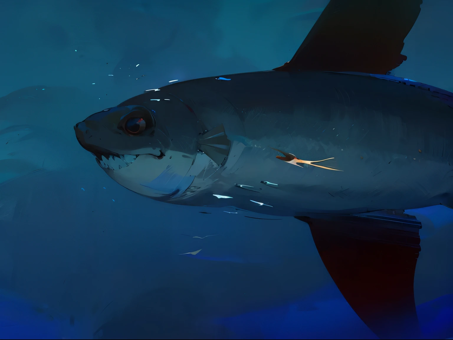 Deep sea fish, a huge sunfish swimming in the depths of the sea below a white human swimmer, massive size difference and huge sun fish, scary thalassophobia, Dark fish coloration, light human coloration, small human big fish, deep sea background, pure blue background, Blue and Black color scheme only, Blue and Black colors only, Blue and Black, Made in Abyss, Stormlight Archive, Studio Ghibli, Anime Key Visual, by Makoto Shinkai, Deep Color, Intricate, 8k resolution concept art, Natural Lighting, Beautiful Composition
