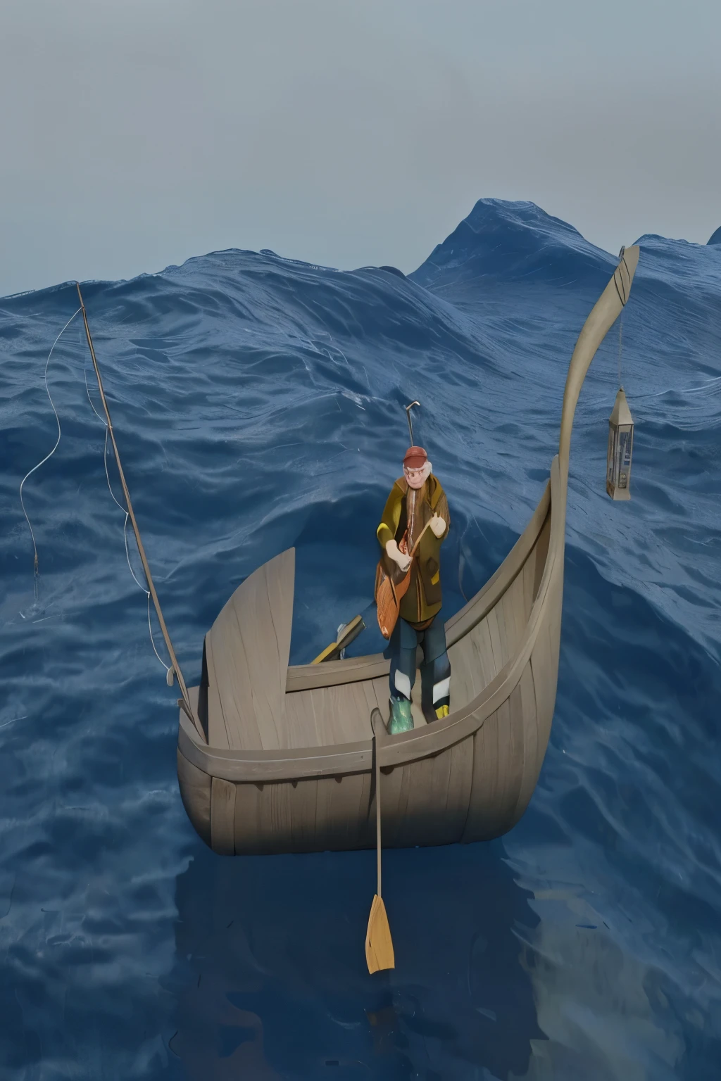there is a man in a Boat with a dog on the front, fisherman, small Boat, fantasy. gondola Boat, Boat, on the ocean, one small Boat, fishing Boat, Boat with lamp, floating on the ocean, 3D rendering stylization, dirty, canoe, Detailed scene, Raft Game, (octane rendering) fantasy style, realistic fantasy render