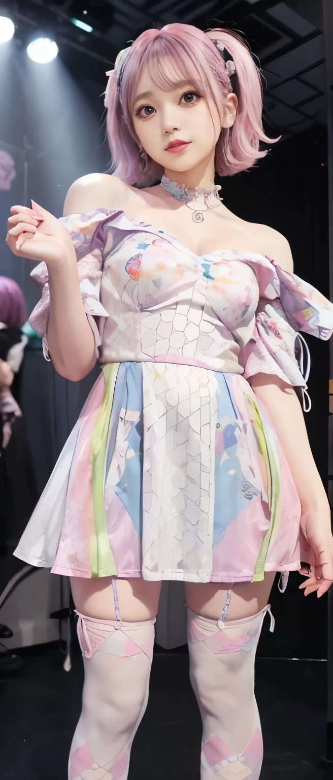 Fairytale punk idol girl、、Pastel yellow and pink skull print tight mini dress(off shoulder)、tall、good style、whole body、colorful hair、、Fishnet tights、Skull Accessories、Haunted Live Floor