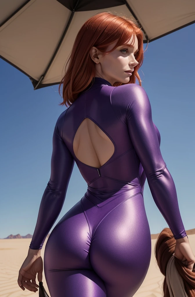 ( deserto ) Bryce Dallas Howard em um purple bodysuit tong, coxas expostas, corpo atletico, Musculatura suavemente definida, head spun to the side, Cabelos Longos, perspectiva de corpo inteiro, Realismo 32K, (big tits:1.2)