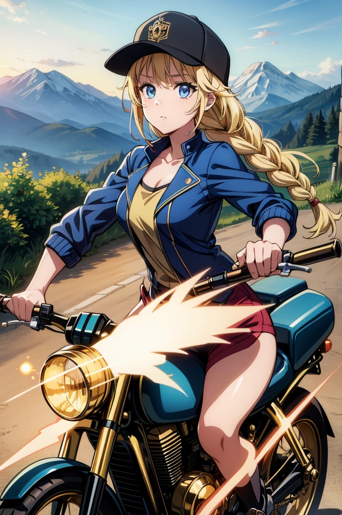 (pov), steampunk style yhmotorbike, 1woman, golden color jacket, open jacket, bike shorts, riding shoes, sprint, multiple angle, full power sprint, ride a motocross, (mountains, public roads), anime picture, art cg, (ultra-detailed:1.3), best quality, illustration, particle lighting, beautiful detailed glow, an extremely delicate and beautiful, gleaming skin, shiny hair, detailed and delicate costumes,Eiko Tsukimi, blue eyes, braid, twin braid,(((blonde hair))),baseball cap