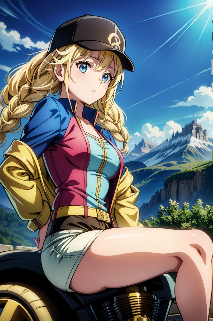 (pov), steampunk style yhmotorbike, 1woman, golden color jacket, open jacket, bike shorts, riding shoes, sprint, multiple angle, full power sprint, ride a motocross, (mountains, public roads), anime picture, art cg, (ultra-detailed:1.3), best quality, illustration, particle lighting, beautiful detailed glow, an extremely delicate and beautiful, gleaming skin, shiny hair, detailed and delicate costumes,Eiko Tsukimi, blue eyes, braid, twin braid,(((blonde hair))),baseball cap