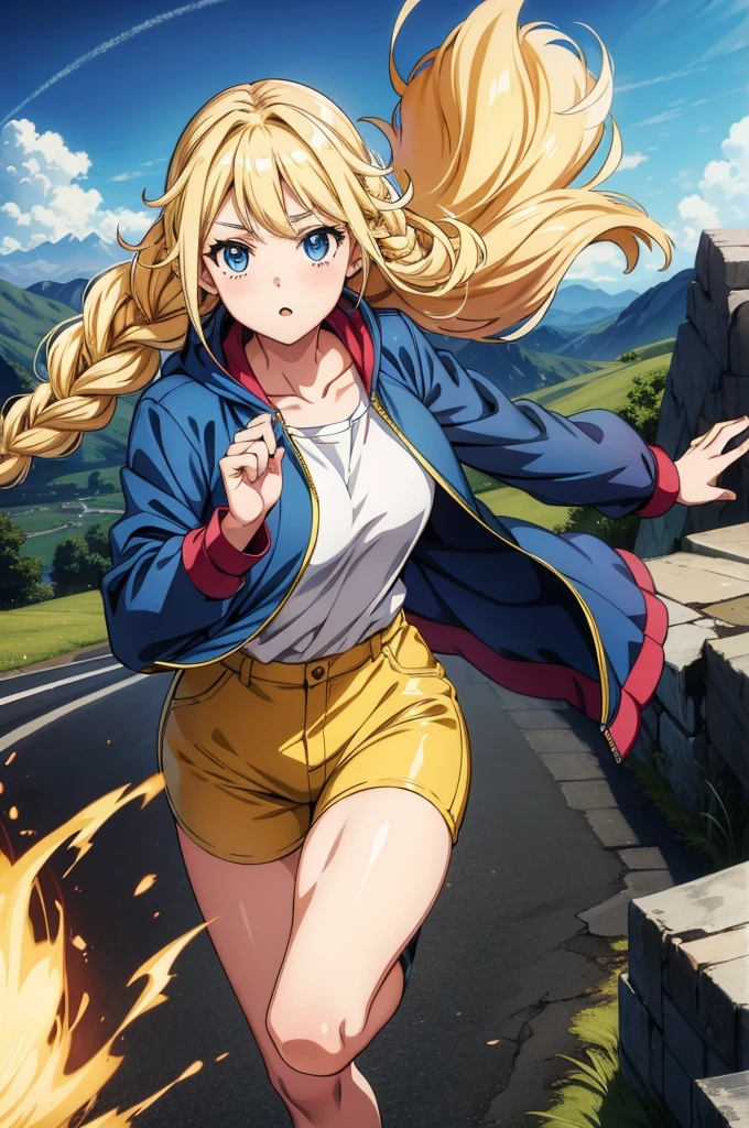 there is a blonde haired anime style woman running on something on fire, 1girl, solo, blue eyes, blonde hair, outdoors, braid, long hair, jacket, bike shorts, mountain, looking at viewer, collarbone, sky, breasts