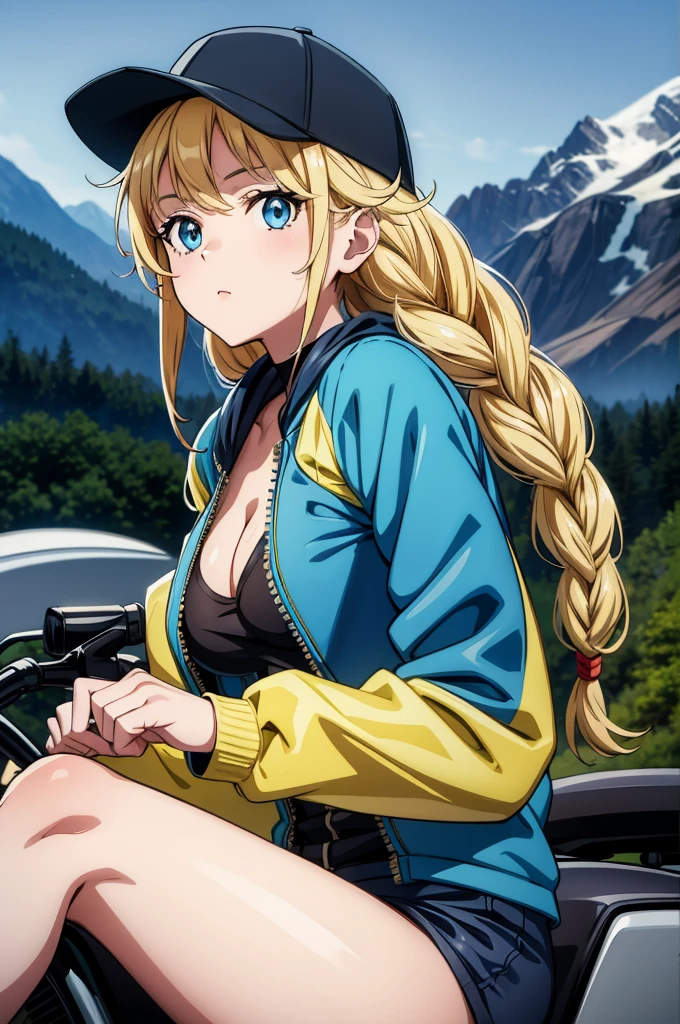a close up of a anime character sitting on a motorcycle in the mountains, 1girl, ground vehicle, solo, mountain, breasts, outdoors, blonde hair, jacket, braid, blue eyes, twin braids, hat, long hair, yellow jacket, sky, looking at viewer, cleavage, bike shorts, day, open clothes, motorcycle, open jacket, baseball cap