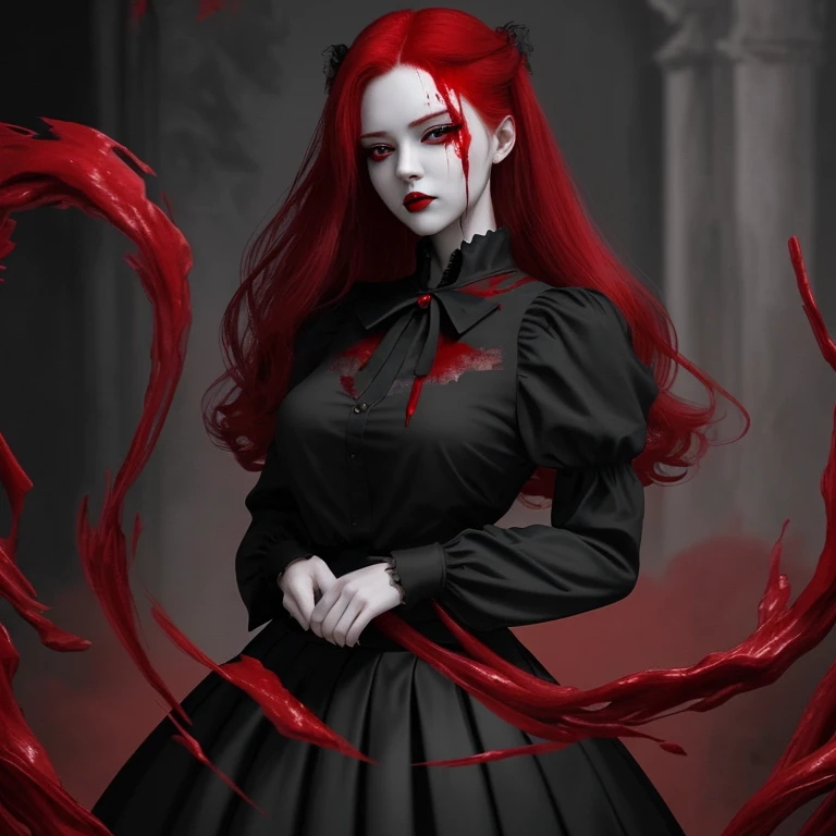 Very elegant women wearing black skirt and blouse with red very beautiful eyes bathed with blood scarlet red hairs bathed with blood bathed with blood bathed with blood