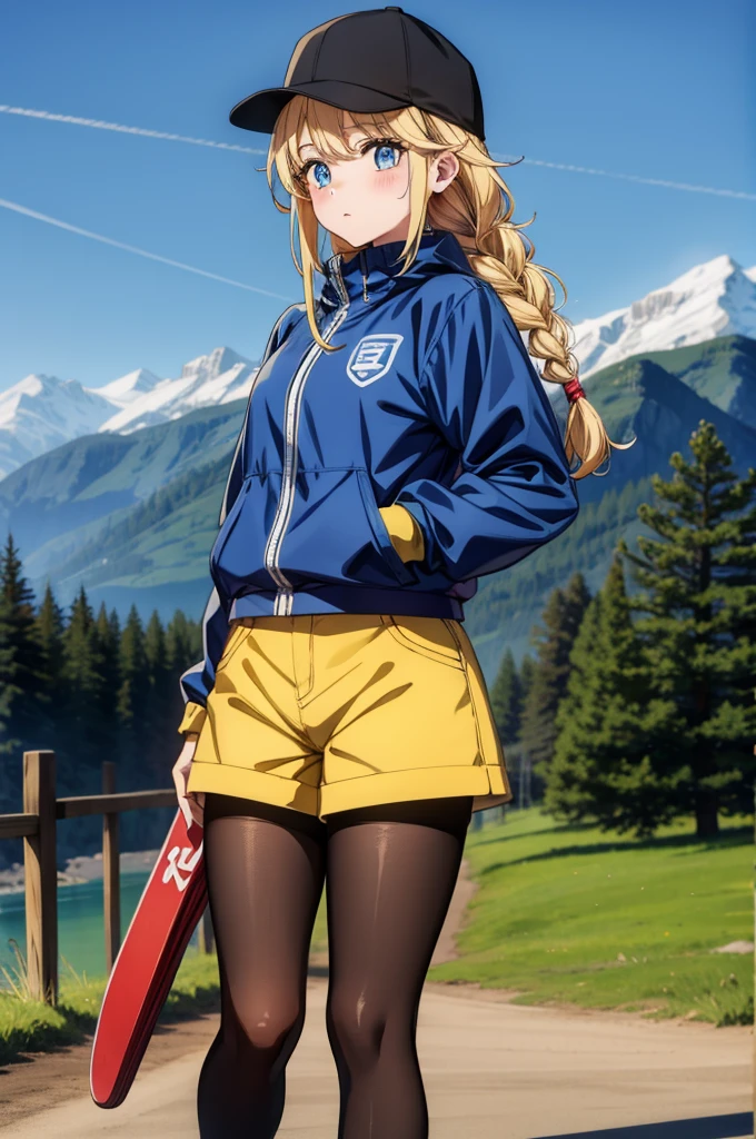 a character wearing a hockey outfit and holding a skate board in front of mountain range, 1girl, solo, long hair, braid, outdoors, blue eyes, blonde hair, hat, baseball cap, bicycle, jacket, mountain, ground vehicle, black headwear, day, pantyhose, yellow jacket, shorts, sky, looking at viewer, blush