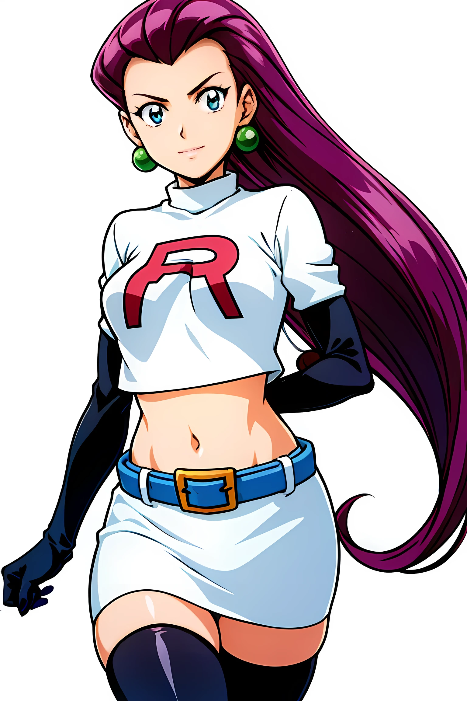 (highest quality:1.3),(ultra-become familiar with:1.5),High resolution,extremely become familiar with CG,unity 8k wallpaper,official art,become familiar with,super become familiar with skin,perfect anatomy,beautiful become familiar with eyes,(anime screenshot:1.11),very delicate and beautiful,(90s anime,90s anime style,cel shaded anime:1.17),1 girl,anmnr,
((jessie pokemon:1.52)),Team Rocket, gloves, slicked back hair, long hair, jewelry, skirt, belly button, Thighhighs, earrings, elbow gloves, Team Rocket uniform, crop top, blue eyes, abdomen, white background, belt, black gloves, very long hair, simple background, smile, black Thighhighs, purple hair, looking at the viewer, chest, white skirt, miniskirt,