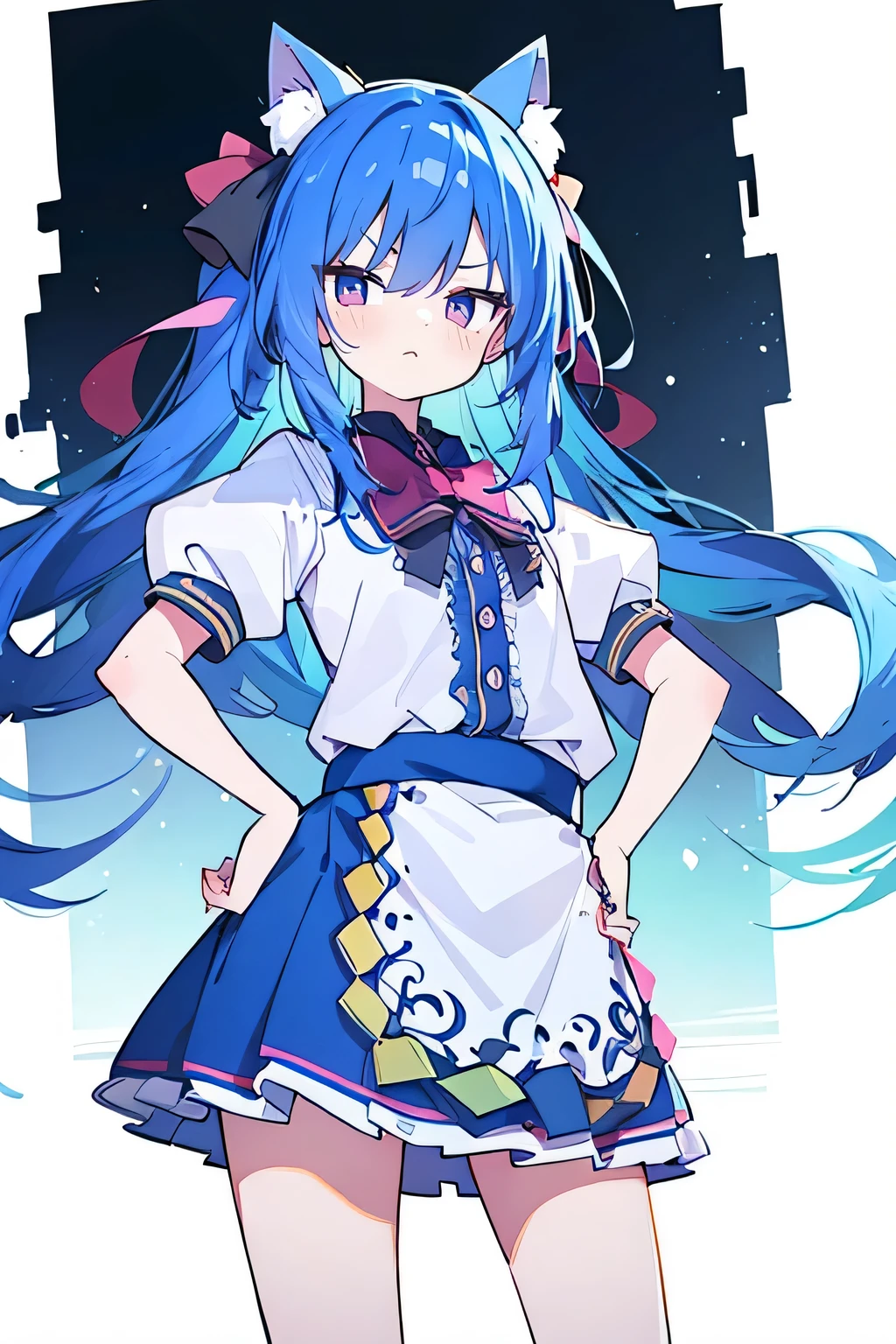 (masterpiece),best quality, expressive eyes, perfect face, 1girl,
Put your hands on your waist,fair, Gorgeous,Japanese cartoons,girl,lola,Hina Angel, blue hair, blue haired, floating clothes,Grab your waist, Grab your waist, hands on hips , hands on hips,sit, sit on ground, Legs on the ground, flat chest,cat ears,