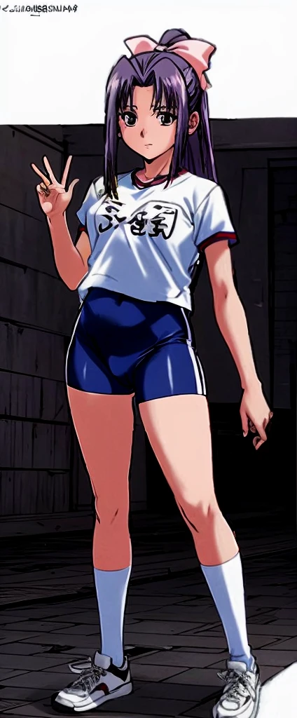 Momoko Koigakubo, who is tall and has beautiful legs, is standing with her legs spread to the side and her mouth open, wearing white gym clothes and light blue panty-shaped bloomers.。Doing Comanechi pose。blush。