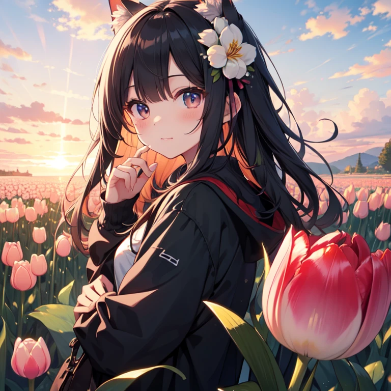 highest quality、masterpiece、8K、cloud、colorful、Cute Kemomimi Girl、A flower field、tulip、evening