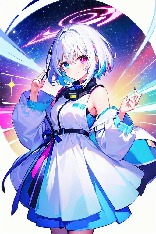 [(WHITE BACKGROUND:1.5),::5], ((((masterpiece)))), high quality, very_high_resolution, large_filesize, full color, ((girl)), , short white hair, vivid color, neon blue and pink heterochromic eye, civilian clothes white, anime, galaxy light sky, smile,