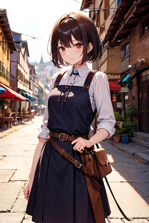 female、cute、Brown short bob hair、red eyes、Town Girl's Clothes、A wooden sword hangs from a belt、Florist in Medieval Europe、high resolution、cinematic lighting、