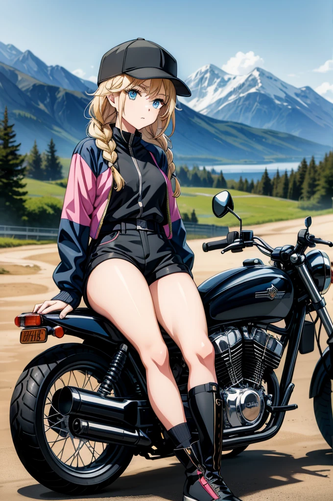 a woman with blond, long hair sitting on the back of a motorcycle, 1girl, ground vehicle, blue eyes, blonde hair, solo, hat, jacket, long hair, braid, mountain, outdoors, motorcycle, black headwear, shorts, looking at viewer, motor vehicle, baseball cap, shoes, black shorts, multicolored jacket, open clothes