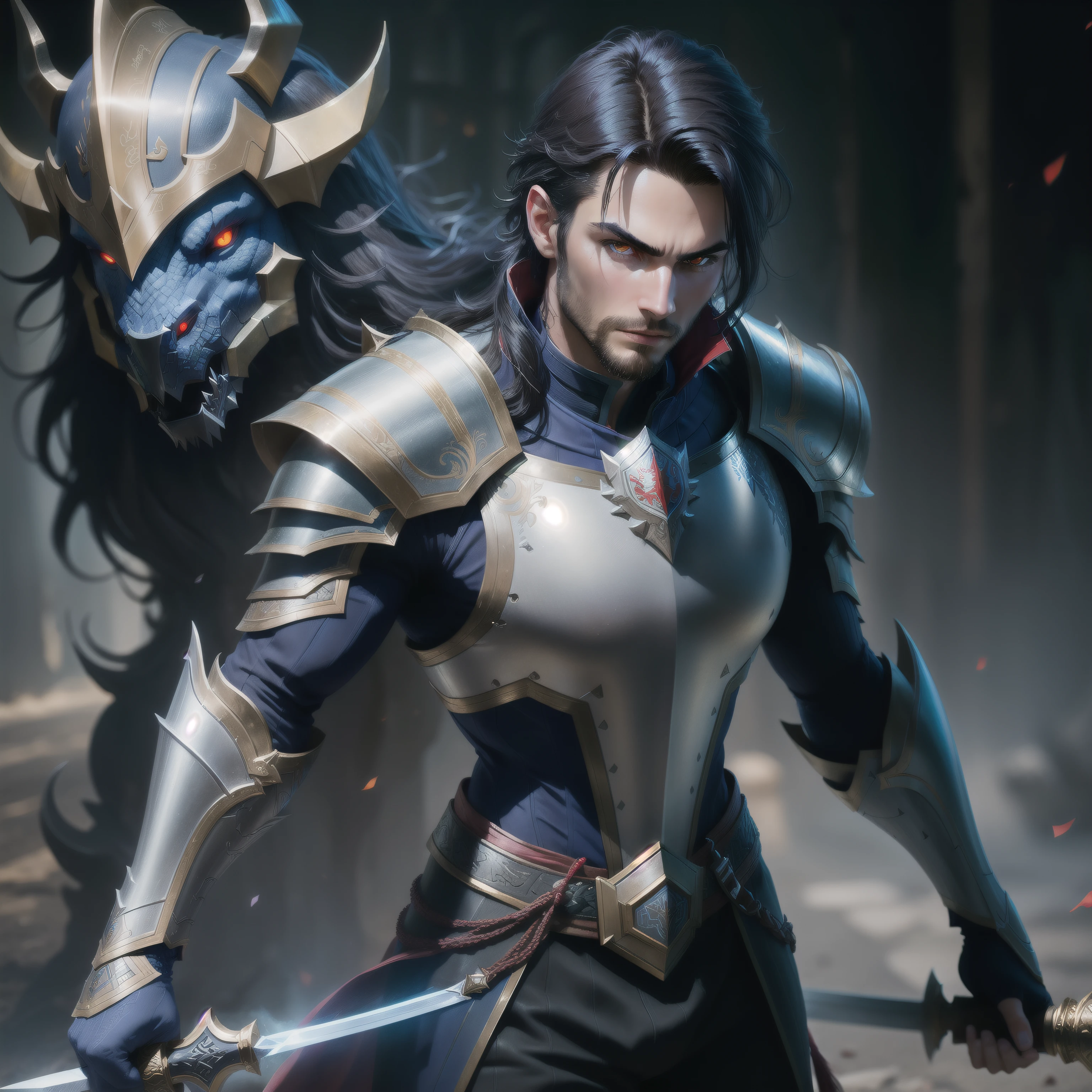 Male paladin with gray-black hair and red eye, black armor with dragon designs holding a sword, does not have a beard, dynamic pose, (detailed eyes, chromatic aberration, depth of field, soft lighting, masterpiece, best quality, intricate, 8K, incredible shadows, realistic, (highly detailed background:1.2)