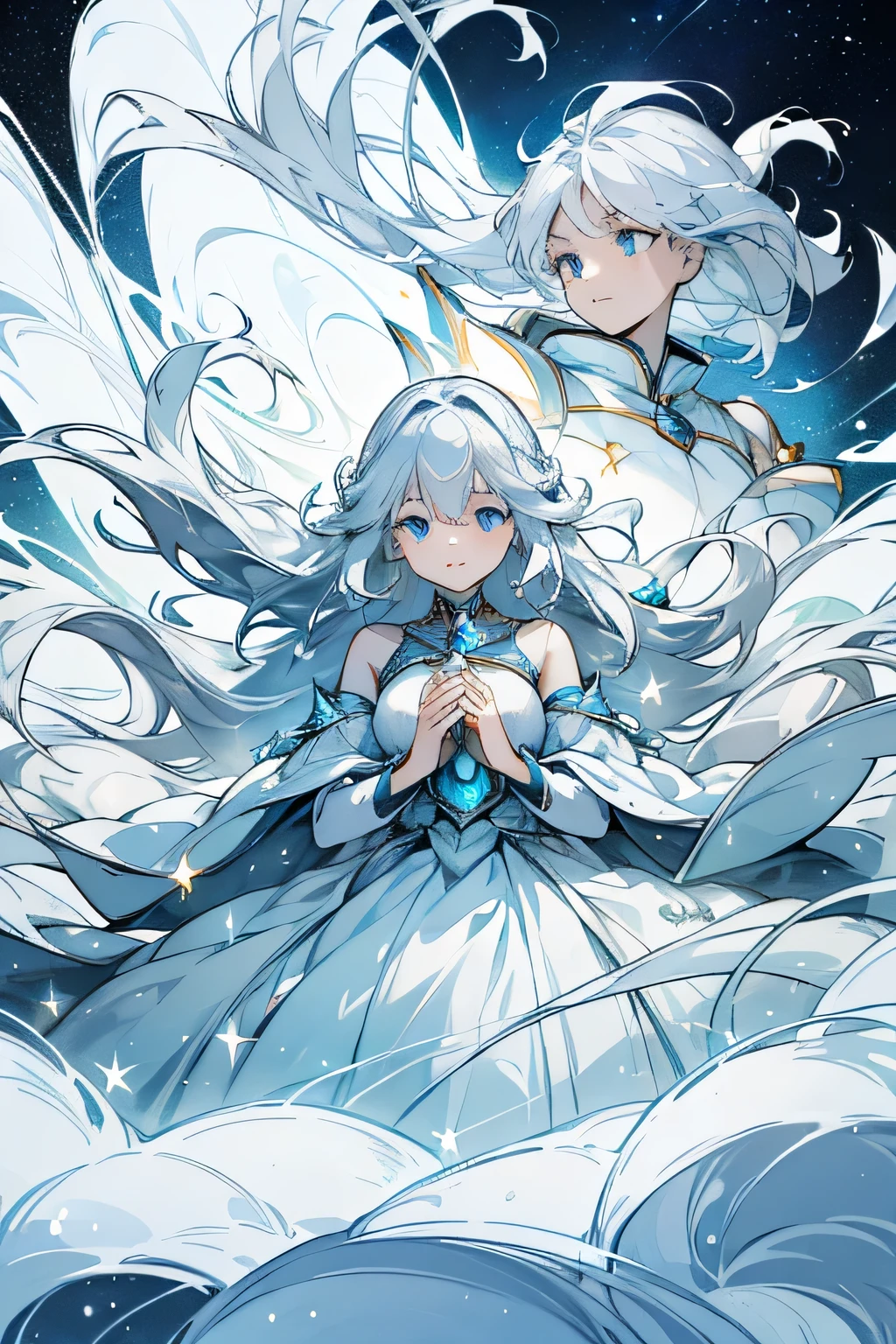 A young woman with long, flowing silver hair and bright blue eyes, floating in space with a cosmic background. Her hair billows around her, caressed by the winds of the cosmos. She wears a light, ethereal white dress that seems to glow faintly against the dark backdrop adorned with sparkling stars and planets. Her expression is thoughtful, her gaze contemplative as if reflecting the starlight in her eyes. She is enveloped by a mystical aura, with a sprinkle of stardust encircling her. The scene exudes an otherworldly elegance, reminiscent of a magical realm.