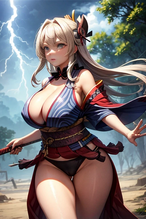 thunder and lightning_The Shogun is pulling the knife out of his pussy、camel toe、huge tit、nipple puff、cleavage、Plump、Super big breasts、super big butt、cowboy shot、Holy sword