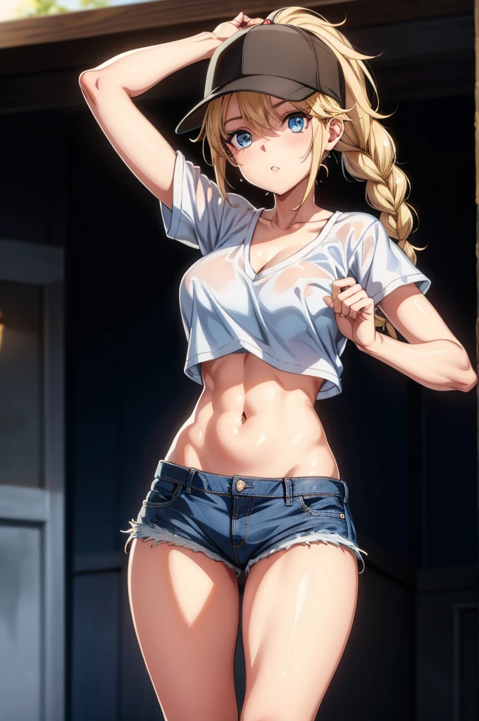 two female naked character in high-top baseball cap with jeans and short top, with ponytail and cleavage, 1girl, hat, blue eyes, solo, blonde hair, shirt, denim, baseball cap, braid, navel, midriff, shorts, breasts, twin braids, looking at viewer, short sleeves, white shirt, long hair, crop top, thigh gap