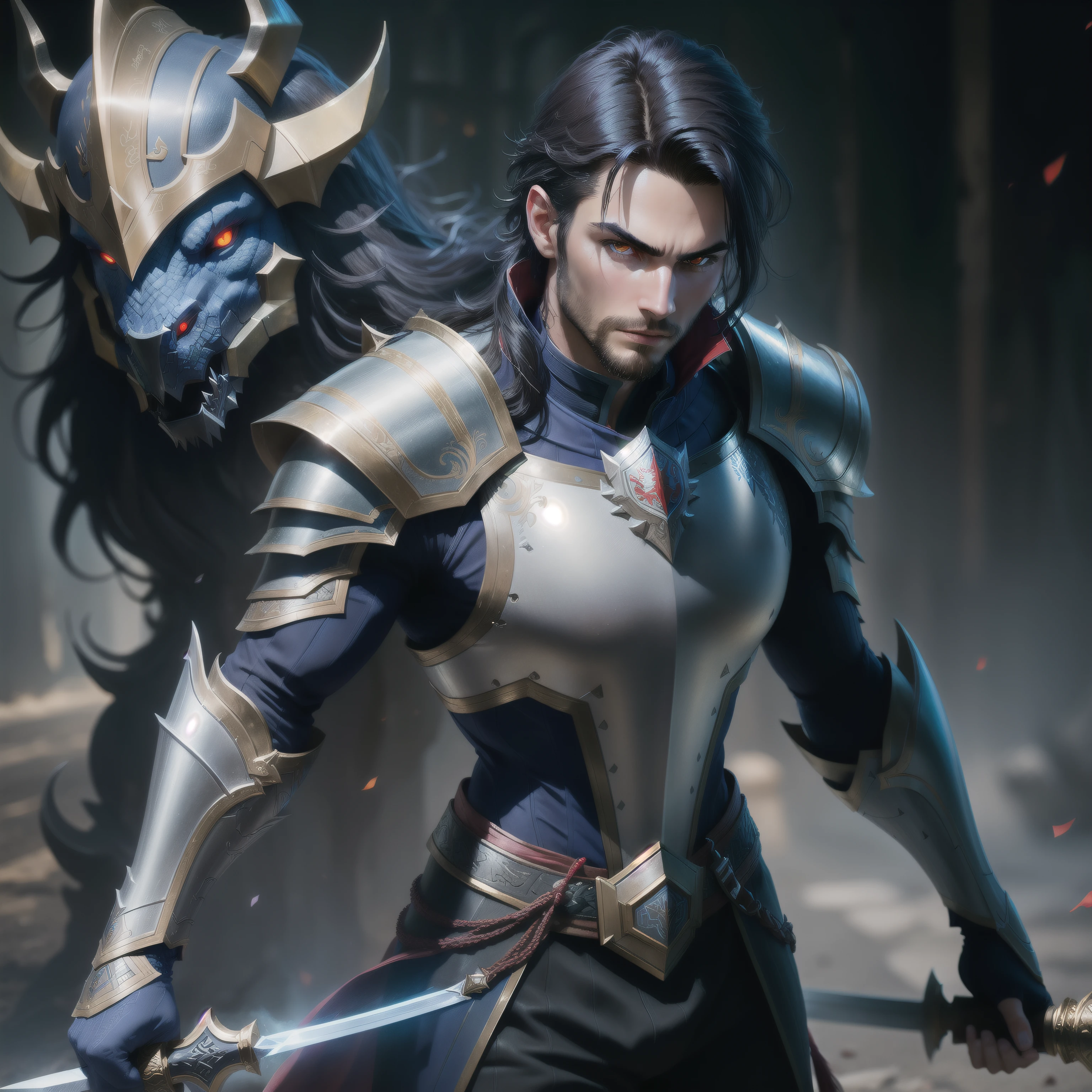Male paladin with gray-black hair and red eye, black armor with dragon designs holding a sword, does not have a beard, dynamic pose, (detailed eyes, chromatic aberration, depth of field, soft lighting, masterpiece, best quality, intricate, 8K, incredible shadows, realistic, (highly detailed background:1.2)