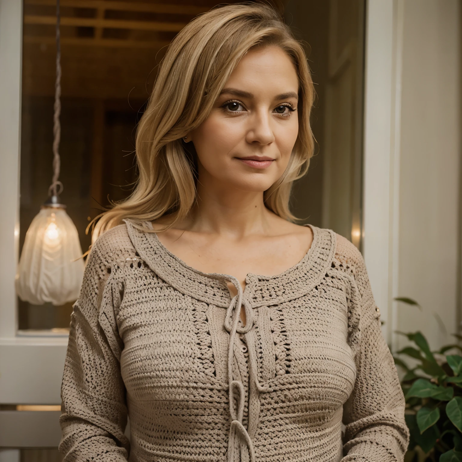 65 year old lady with light hair doing crochet fabrics