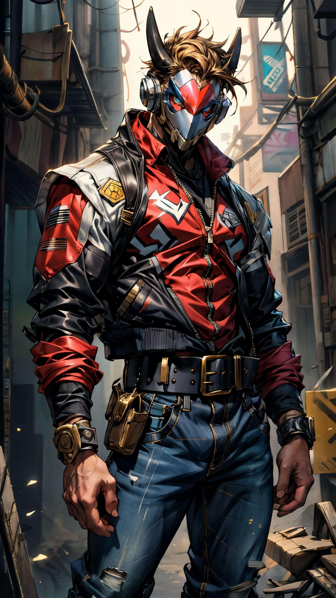 An adult man with tousled and messy dark blonde hair, a metallic beast concept mask covering his entire face, full mask, cold and penetrating gaze, a sturdy physique, a loose cyberpunk-style short jacket over a T-shirt, metal wrist guards, a belt around his waist, loose utility pants, adopting a relaxed posture within the cyberpunk-style city, city night view, this character embodies a finely crafted cyberpunk-style masked warrior in anime style, exquisite and mature manga art style, high definition, best quality, highres, ultra-detailed, ultra-fine painting, extremely delicate, professional, perfect body proportions, golden ratio, anatomically correct, symmetrical face, extremely detailed eyes and face, high quality eyes, creativity, RAW photo, UHD, 32k, Natural light, cinematic lighting, masterpiece-anatomy-perfect, masterpiece:1.5