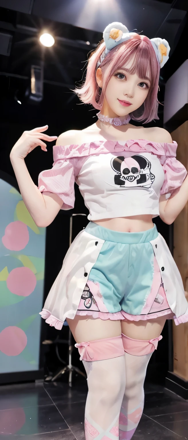 Fairytale punk idol girl、、Pastel yellow and pink skull print punk costume(off shoulder、tight shorts)、tall、good style、whole body、colorful hair、、Fishnet tights、Skull Accessories、Haunted Live Floor