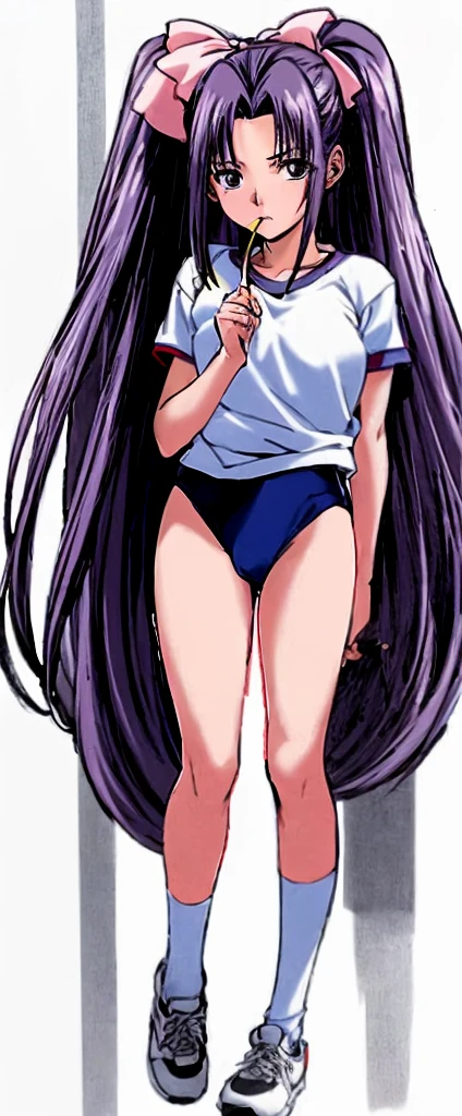 A beautiful woman with long wisteria purple hair in a ponytail that reaches to her shoulders and a light pink ribbon in the back, and a sharp face and beautiful legs, is wearing a white gym uniform.、I&#39;m standing in the school hallway wearing dark blue bloomers shaped like panties.。