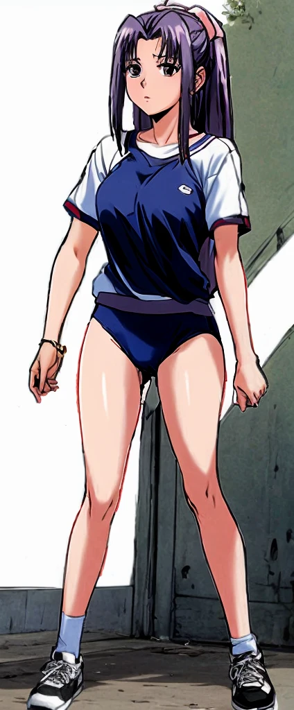 Momoko Koigakubo, who is tall and has beautiful legs, is standing with her legs spread to the side and her mouth open, wearing white gym clothes and light blue panty-shaped bloomers.。Doing Comanechi pose。blush。