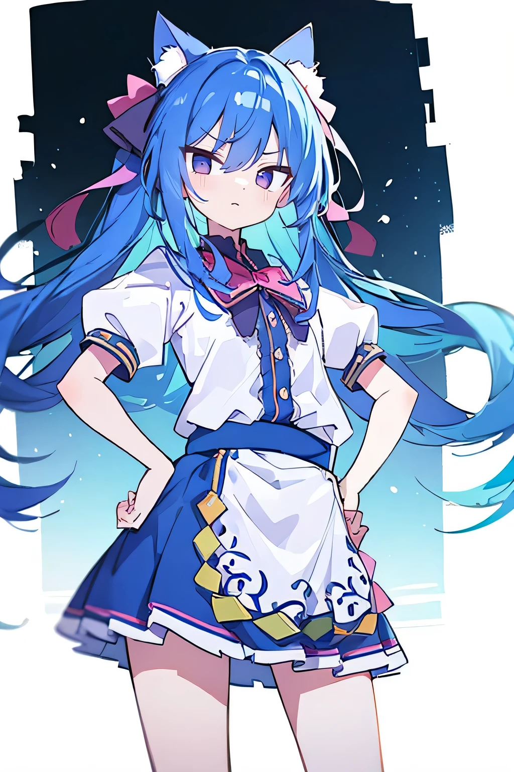 (masterpiece),best quality, expressive eyes, perfect face, 1girl,
Put your hands on your waist,fair, Gorgeous,Japanese cartoons,girl,lola,Hina Angel, blue hair, blue haired, floating clothes,Grab your waist, Grab your waist, hands on hips , hands on hips,sit, sit on ground, Legs on the ground, flat chest,cat ears,