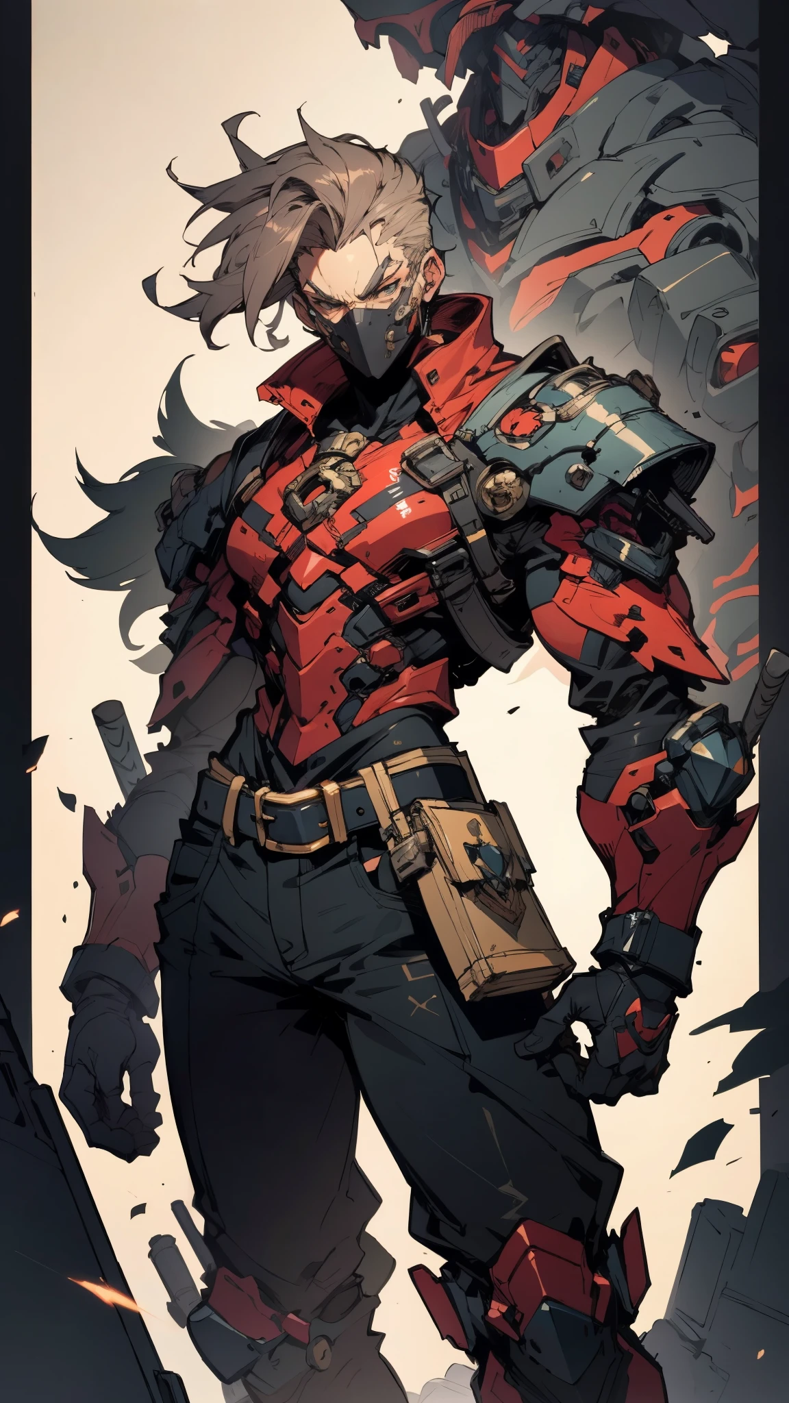 An adult man with tousled and messy dark blonde hair, a metallic beast concept mask covering his entire face, full mask, cold and penetrating gaze, a sturdy physique, a loose cyberpunk-style short jacket over a T-shirt, metal wrist guards, a belt around his waist, loose utility pants, adopting a relaxed posture within the cyberpunk-style city, city night view, this character embodies a finely crafted cyberpunk-style masked warrior in anime style, exquisite and mature manga art style, high definition, best quality, highres, ultra-detailed, ultra-fine painting, extremely delicate, professional, perfect body proportions, golden ratio, anatomically correct, symmetrical face, extremely detailed eyes and face, high quality eyes, creativity, RAW photo, UHD, 32k, Natural light, cinematic lighting, masterpiece-anatomy-perfect, masterpiece:1.5