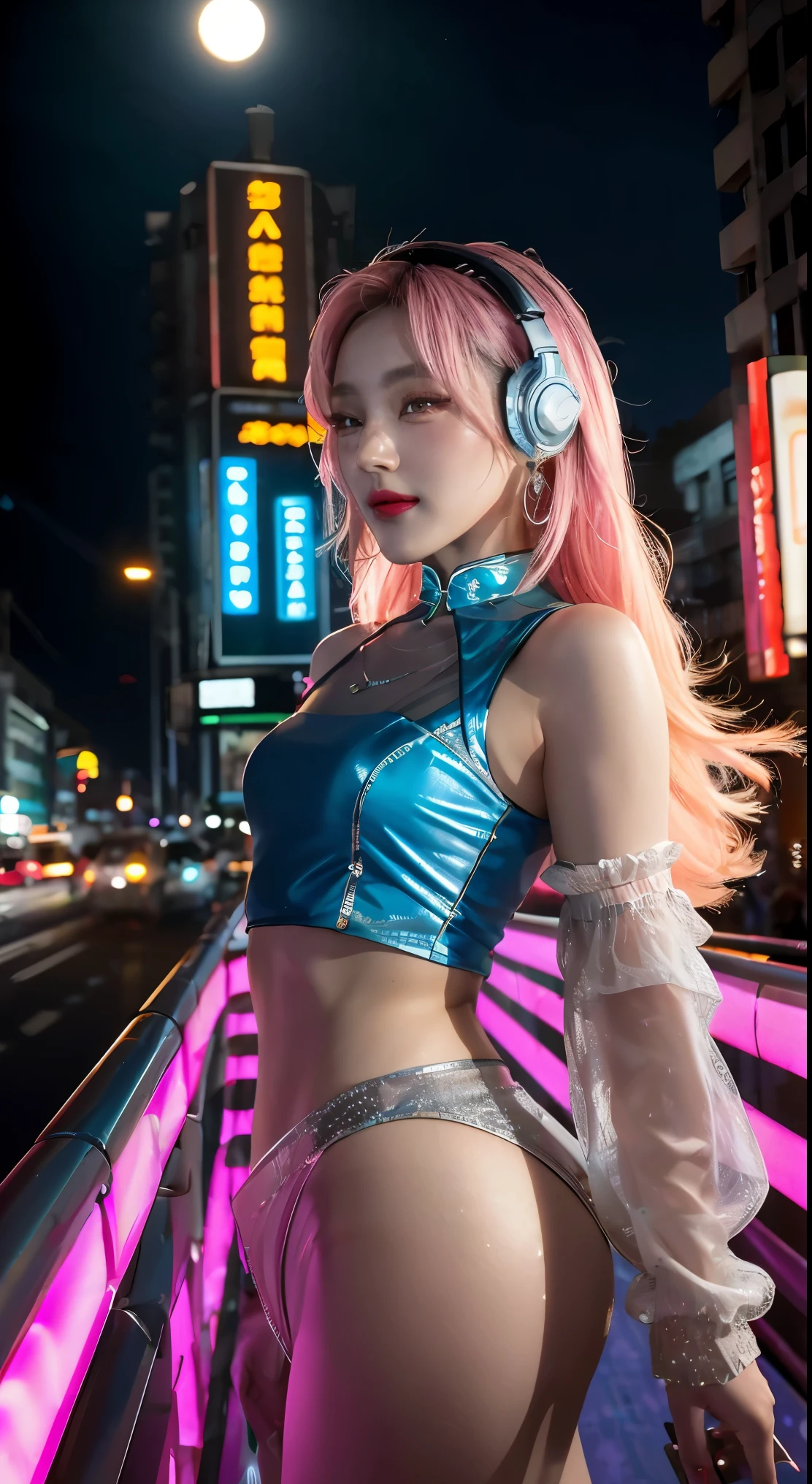 Singer, microphone in hand, cyberpunk microphone, singing, 1 girl, Chinese_clothes, liquid silver and pink, cyberhan, cheongsam, cyberpunk city, dynamic pose, glowing headphones, glowing hair accessories, long hair, glowing earrings, glowing necklace, cyberpunk, high-tech city, full of mechanical and futuristic elements, futuristic, technology, glowing neon, pink, pink light, transparent tulle, transparent streamers, laser, digital background urban sky, big moon, with vehicles, best quality, masterpiece, 8K, character edge light, super high detail, high quality, the most beautiful woman in human beings, micro smile, face left and right symmetry, ear antenna, beautiful pupil light effect, visual data