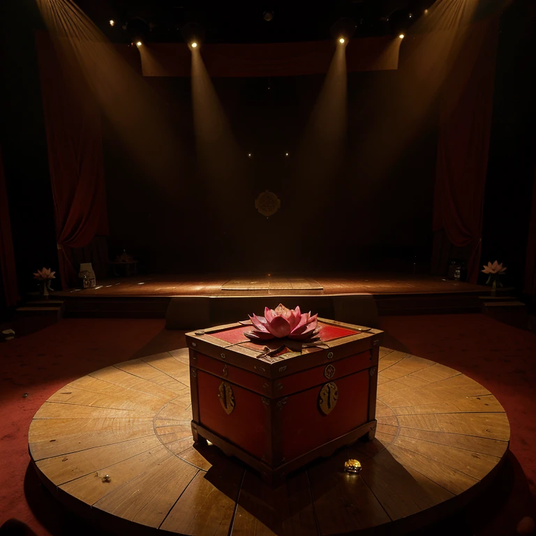 It's a scene, of a lotus flower popping out of a treasure chest. The lotus flower glows as the bright light from inside the chest illuminates it. That chest, together with the lotus, floats in the middle of a theatre stage, with a red curtain an a straight light coming from the top. 
