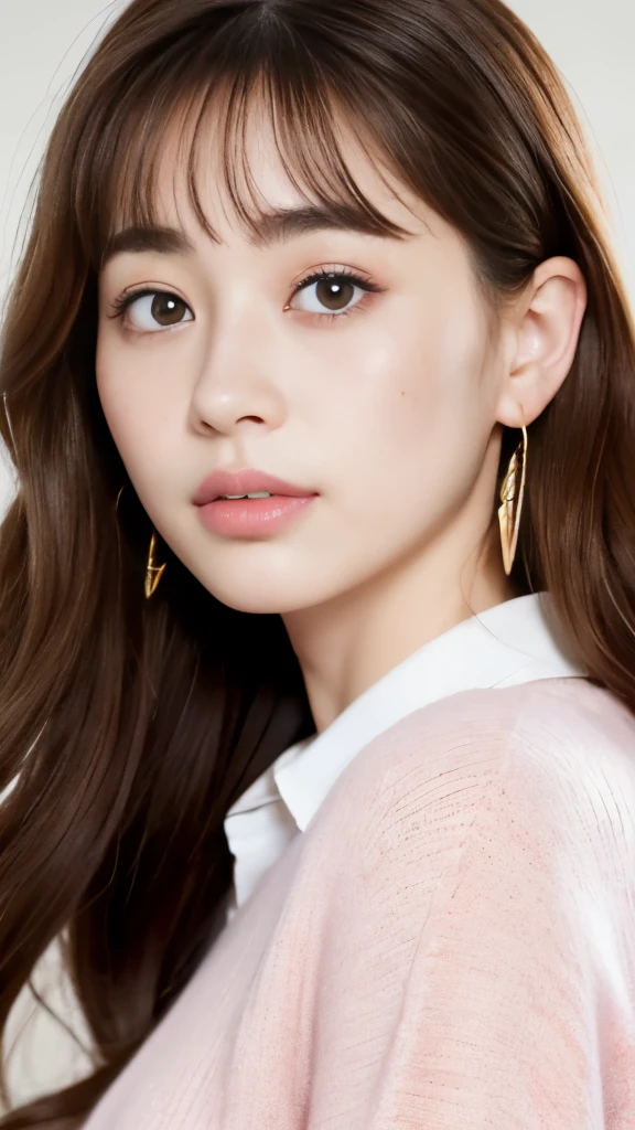 (highest quality、16K high resolution、Super detailed、masterpiece、Live shooting、realistic:1.5、hyper realism:1.5、sharp focus、very delicate and beautiful、small details, portrait), A 23-year-old Japanese woman, 158cm tall, 46kg, bust 80cm, waist 56cm, hips 82cm, round cherubic face with rosy cheeks, long wavy light brown hair styled with a side part, groomed eyebrows, large expressive eyes with long lashes, a button nose, full pouty lips, wearing a pastel pink sweater over a white collared shirt, blue jeans, delicate gold hoop earrings, a small mole above her lip adding character, a few faint freckles, an air of youthful innocence, resembling actress Suzu Hirose