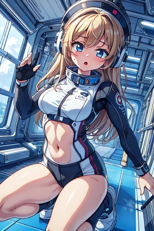 top-quality,Top image quality,in 8K,4K,masterpiece,ultra-detailliert,Beautiful,ultra-quality, best quality,high resolution, ultra-detailed,game cg,dutch angle,(acrobatic pose):5,jumping:5,(inside spacestation,)beautiful detailed eyes,five fingers,headphone,nsfw,a beauty girl,(astrovest):5,(track uniforms),wet,(steam:1.5),Running form,open open mouth,(blonde hair),(long hair):2,Navel,space_station_interior, exercise_room, futuristic, high_technology, zero_gravity_exercise_equipment, high_resolution_landscape, sleek_design, minimalistic, 8K_resolution, game_cg_style, Dutch_angle, detailed_character, track_uniform, perfect_running_form, intense_expression, detailed_eyes, determination, steam:1.5, beauty, strength, five_fingers, visible_navel, open_mouth, ultra_quality, high_resolution, ultra_detailed,astrovest