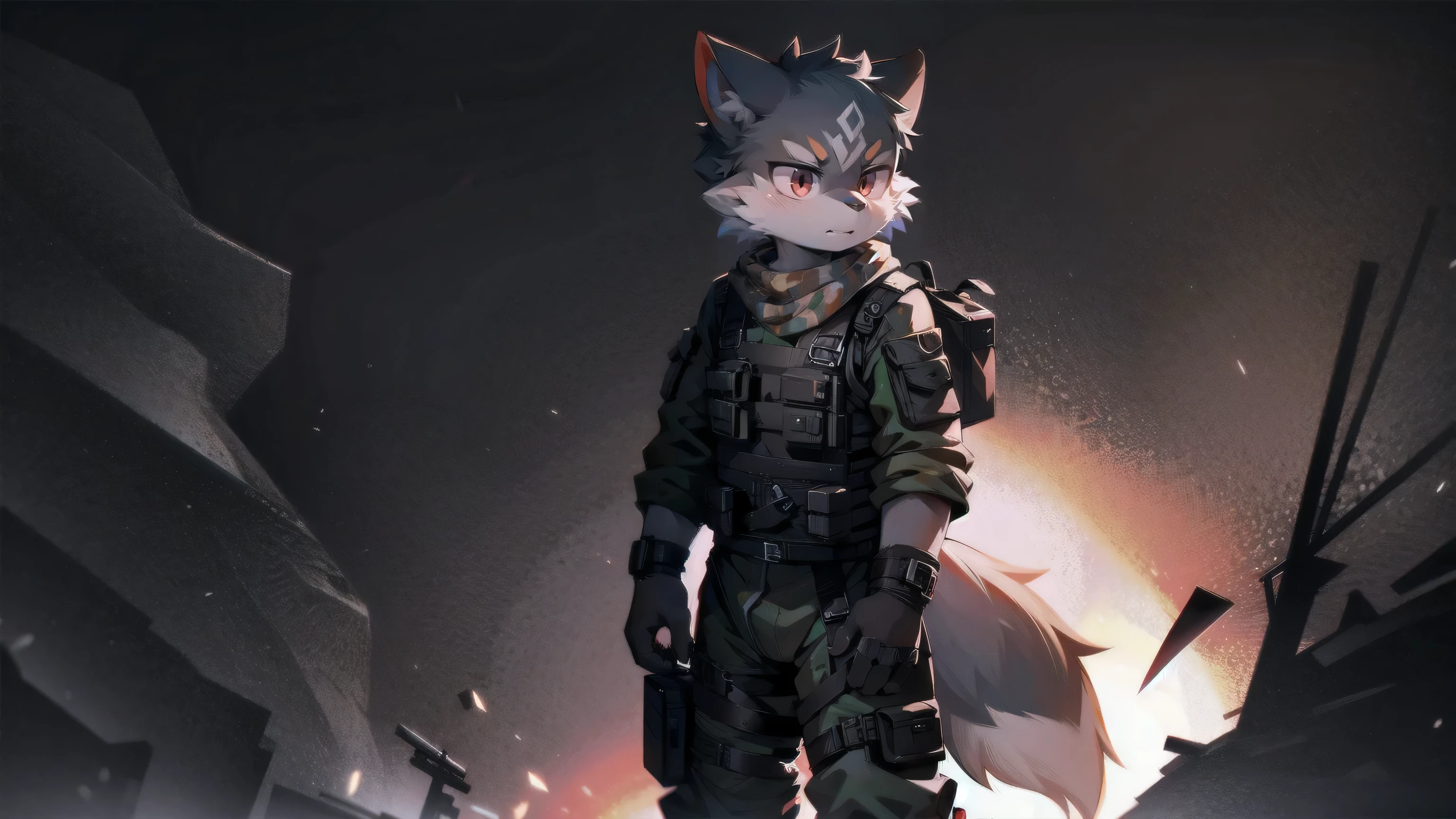 Wolf,gray fur,red eyes,combat uniform,the only person,The background is a dark battlefield,walking bust