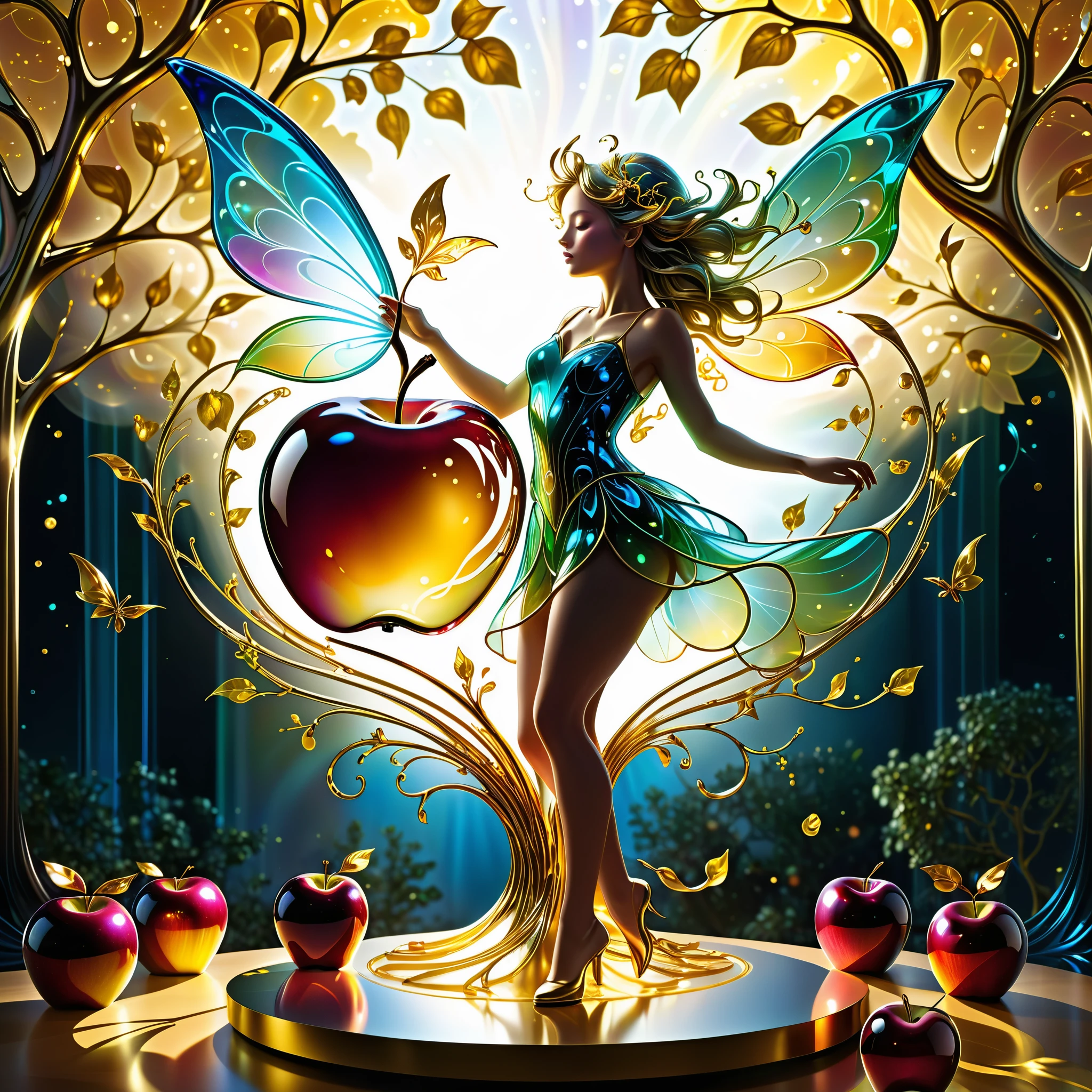 photograph, photorealistic, ultra-realistic, intricately detailed, wide angle, fine fractal glossy vivid colored shiny contours outlines of a glass apple with a ("a glowing golden flying female fairy uses her wand to transform a tree to solid gold.") inside, surreal, gradient, windy, petals floating on the wind, swirling ribbons of ink and light. linquivera, liiv1. --v6 --s1000 --c20 --q5 --chaos100