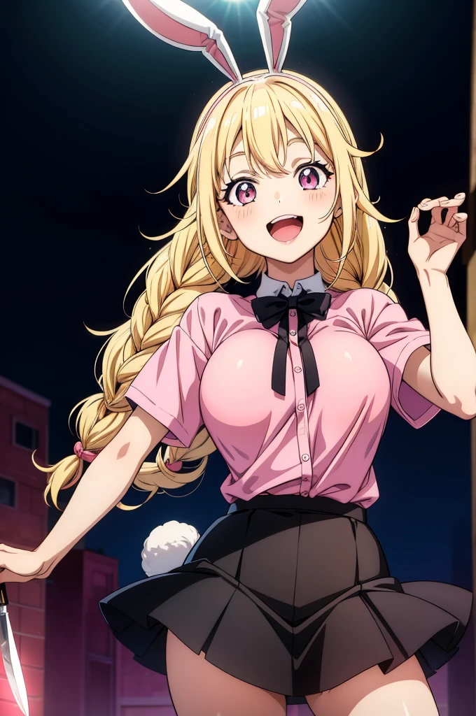 an anime lady in cute pink shirt, standing in ring in her shorts, with a knife, 1girl, breasts, blonde hair, hat, braid, skirt, animal ears, pink shirt, large breasts, long hair, shirt, rabbit ears, black skirt, short sleeves, rabbit tail, smile, open mouth