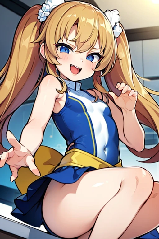 ((highest quality)), (masterpiece)), (detailed: 1.4), Unorganized resolution、High resolution、(masterpiece:1.4)、super detailed、one beautiful girl、highest quality、master piece、Extreme detailed、(1 girl):1.4、dutch angle,(acrobatic pose):5,jumping:5, astrovest,(Futuristic competitive swimsuit)、(Golden hair):1.3、twin tails、short twin tails、(dark blue eyes):1.1,(Near the future)、indoor pool background